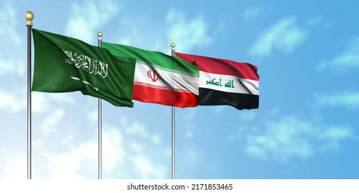 Iran Flag With Saudi Arabia And Iraq Flag, 3D Rendering With A Cloudy Background