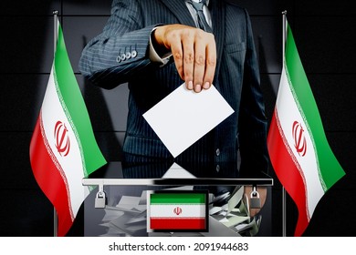 Iran-Flaggen, Hand fällt die Wahlkarte - Wahlkonzept - 3D-Abbildung