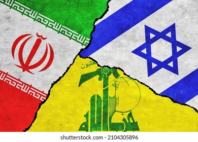 Iran, Israel And Hezbollah Painted Flags On A Wall With A Crack. Iran, Hezbollah And Israel Conflict