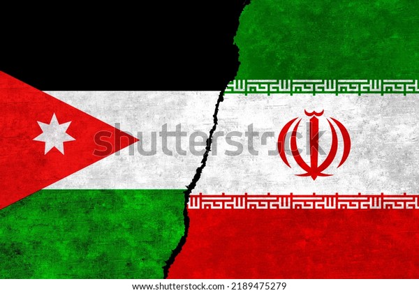 Iran and Jordan flags\
on a wall with a crack. Jordan and Iran flag together. Iran Jordan\
alliance, politics, economy, trade, relationship and conflicts\
concept