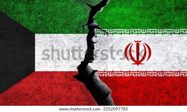 Iran and Kuwait flags together on a wall with\
cracked. Kuwait Iran\
conflict