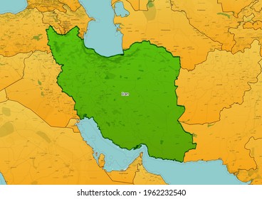 Iran Map Showing Country Highlighted In Green Color With Rest Of On The Persian Gulf Countries In Brown