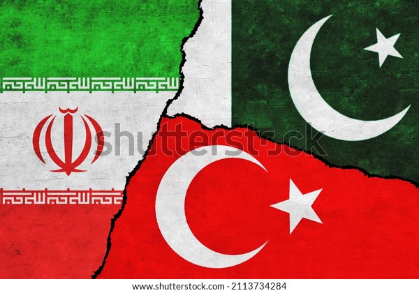 Iran, Pakistan and Turkey\
painted flags on a wall with a crack. Turkey, Iran and Pakistan\
relations