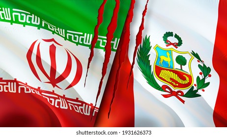 Iran and Peru flags with scar concept. Waving flag,3D rendering. Peru and Iran conflict concept. Iran Peru relations concept. flag of Iran and Peru crisis,war, attack concept