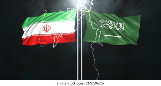 Iran.- Saudi Arabia Bad Relations, Iran Flag And Saudi Arabia Flag With Hot Background, 3d Illustration