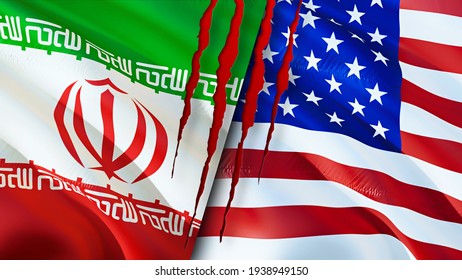 Iran and United States flags with scar concept. Waving flag,3D rendering. United States and Iran conflict concept. Iran United States relations concept. flag of Iran and United States crisis,war,