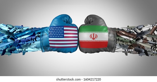 Iran United States Military Confrontation Or USA Iranian Proxy War Conflict With Two Opposing Governments In A Dispute As A Fight Concept With 3D Illustration Elements.