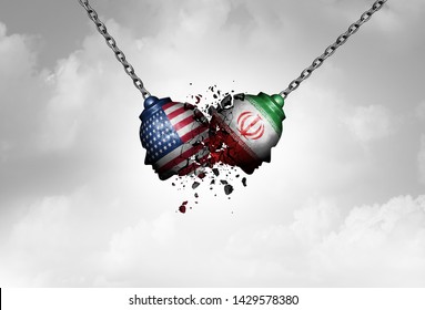 Iran US Middle East Clash As A USA Or United States Crisis In The Persian Gulf Concept As An American And Iranian With Economic Sanctions And Nuclear Deal Dispute In A 3D Illustration Style.