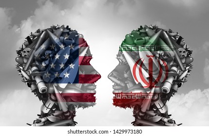 Iran US missile conflict and United States middle east crisis concept as an American and Iranian security problem due to economic sanctions and nuclear deal dispute with 3D illustration elements.