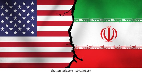 Iran Vs US Conflict Representation With Flags And Crack In Between Them. Modern Abstract War Media Backdrop