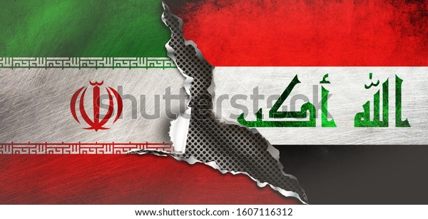 iranian and iraq flag,\
covering on cracked\
wall. 3d\
illustration