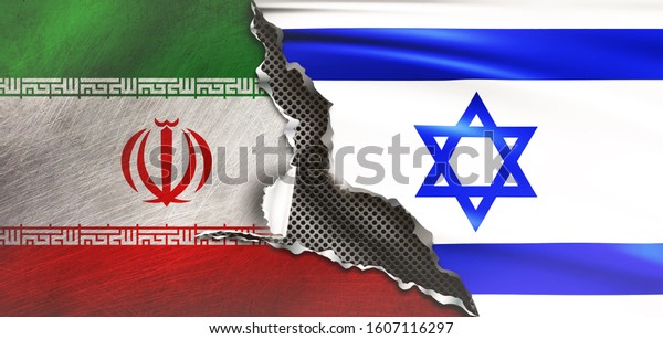 iranian and israel flag,\
covering on\
cracked wall. 3d\
illustration