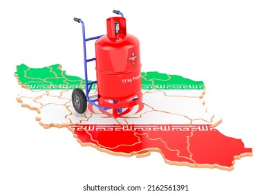 Iranian Map With Propane Gas Cylinder On Hand Truck. Gas Delivery Service In Iran, Concept. 3D Rendering Isolated On White Background