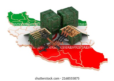 Iranian Map With Weapons. Military Supplies In Iran, Concept. 3D Rendering Isolated On White Background