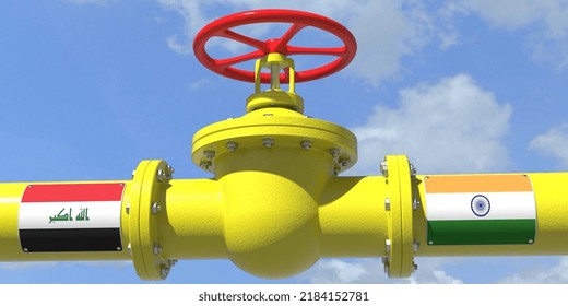 Iraq India Gas Or Oil Transit Concept. Pipe With Valve,  3D Rendering