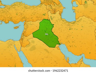 Iraq Map Showing Country Highlighted In Green Color With Rest Of On The Persian Gulf Countries In Brown