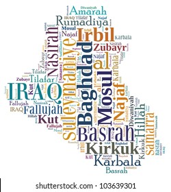 Iraq map and words cloud with larger cities