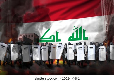 Iraq Police Squad On City Street Are Protecting Law Against Demonstration - Protest Fighting Concept, Military 3D Illustration On Flag Background