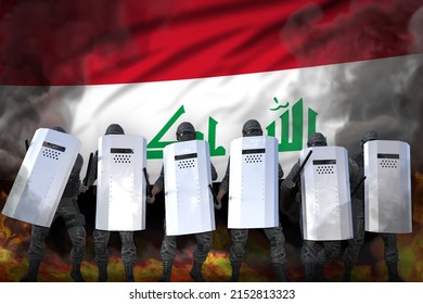 Iraq Protest Stopping Concept, Police Officers Protecting Order Against Disorder - Military 3D Illustration On Flag Background