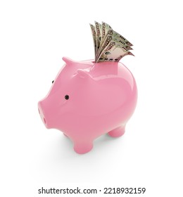 Iraqi Dinar Inside Pink Piggy Bank, Money In Piggy Bank, Savings Concept, 3d Rendering