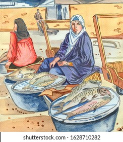 Iraqi Folklore Arts
Showing Woman Selling Fish In The Market 