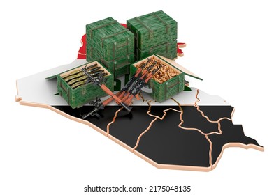 Iraqi Map With Weapons. Military Supplies In Iraq, Concept. 3D Rendering Isolated On White Background