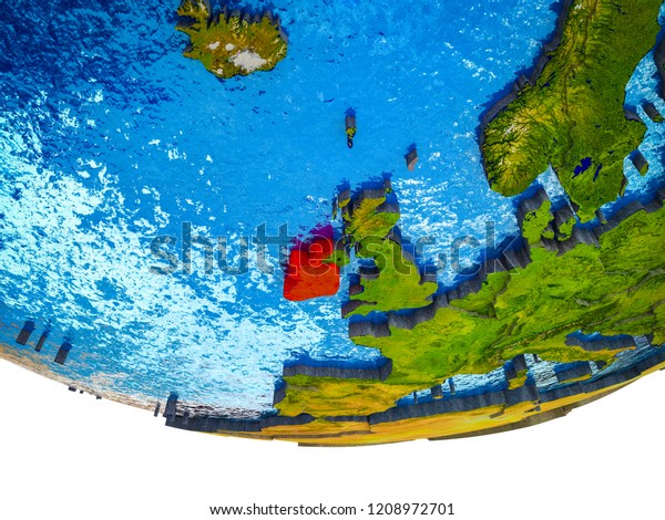 Ireland on 3D Earth with divided countries\
and watery oceans. 3D\
illustration.