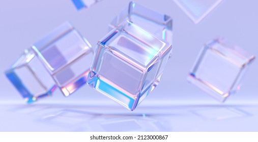 Iridescent Crystal Cubes Or Blocks On Purple Abstract Geometry Background, Refraction Effect Of Rays In Glass. Rainbow Clear Square Boxes In Dispersion Light, Modern Wallpaper, 3d Render Illustration