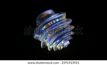 Iridescent glass sphere morphing dynamically, changing shape with fluid movements against dark backdrop, creating mesmerizing visual transformation. 3D Illustration