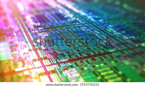 Iridescent\
Silicon Microchip Computer Wafer. 7nm, 5nm and 3nm manufacturing\
process. Semiconductor manufacturing of CPU, GPU, CMOS chip design.\
 Integrated circuit Die shot. 3D\
rendering
