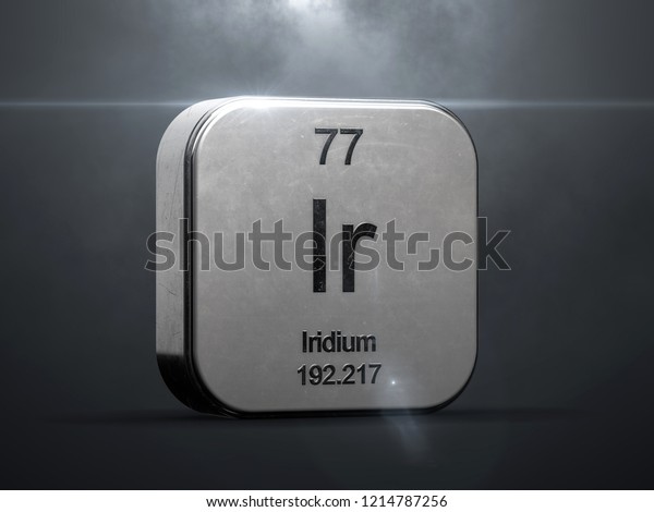 Iridium element from the periodic table.\
Metallic icon 3D rendered with nice lens\
flare