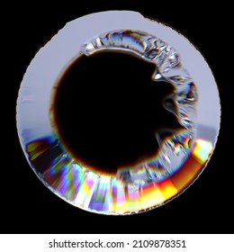 Iris Abstract Holographic Texture Isolated On Black, 3d Rendering Glass Chromatic Circle Shape Design Element For Poster