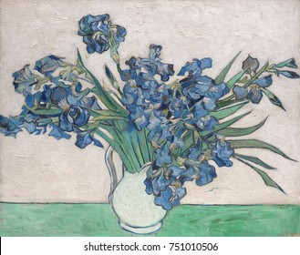 Vincent Van Gogh, 1890, Oldanch Post-Impressionist, oil on canvas著Irises, Vincent Van Gogh, 1890.永久的な赤い顔料を使用したため、ピンクの背景に絵が消えています