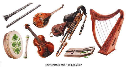 Irish folk music instruments set.
Bouzouki, Bodhrán, Guitar, Mandolin, Harp, Uilleann pipes, flute and whistle, fiddle (violin). Watercolor on white background, cut out. 