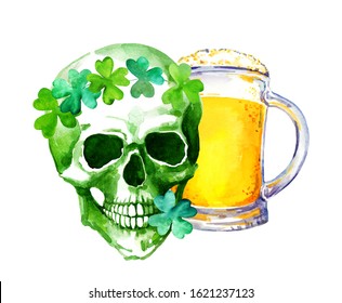 Irish holiday symbols watercolor raster illustration. St patrick day attributes, human skull with clover wreath and beer mug. Skeleton head with shamrock leaves and ale pint aquarelle drawing - Powered by Shutterstock