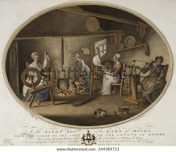 Irish Linen manufacture, 1782. Workshop in a dwelling where four women are using time traditional methods of spinning, reeling, and boiling yarn.