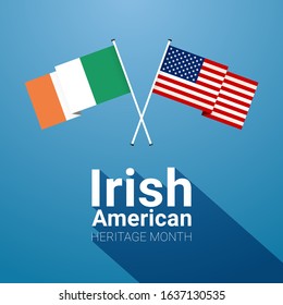 Irish-American Heritage Month - March - Banner Template With Irish And USA Crossed Flags, As A Symbol Of Honor The Contributions Of Irish Diaspora Living In The United States On Blue Background.