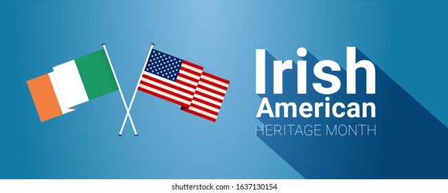 Irish-American Heritage Month - March - Long Horizontal Banner Template With Irish And USA Crossed Flags, As A Symbol Of The Contributions Of Irish Diaspora Living In The USA On Blue Background.