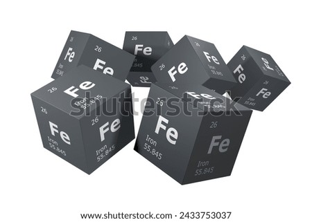 Iron; 3D rendering of symbols of the elements of the periodic table, atomic number, atomic weight, name and symbol. Education, science and technology. 3D illustration