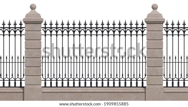 Iron fence with stone pillars. Wrought iron.\
Metal decor. Urban design. Art Nouveau. Vintage. Luxury modern\
architecture. City. Street. Park. 3D rendering for the project.\
Isolated. White\
background.