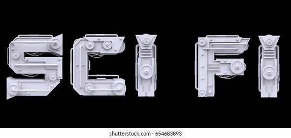 Iron Mechanical Word Sci Fi Isolated On Black Background. Futuristic Industrial Metal Text In Technology Or Steampunk Style. Realistic 3d Render.