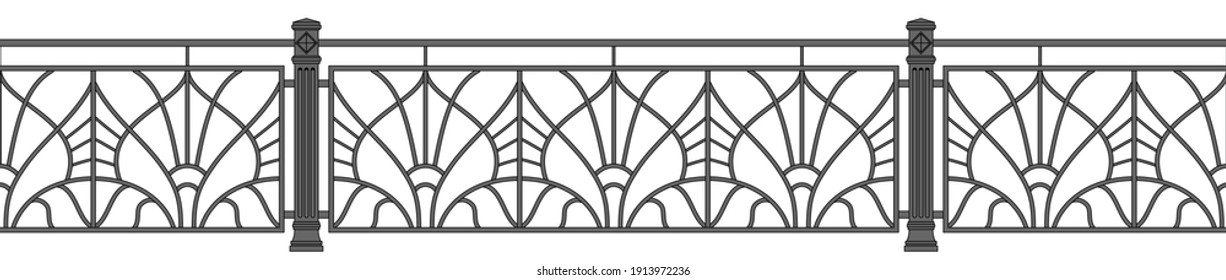 Iron railings for the city. Blacksmithing. Urban design. Balcony. Art Deco. Isolated. White background.