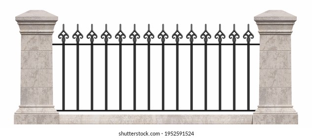 Iron railings with stone pillars. Blacksmithing. Urban design. Balcony. Terrace. Handrails. European medieval architecture. Isolated. Iron fence. White background. Template for design.
