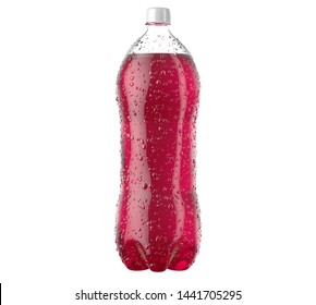 An irregular shaped plastic two liter pink soda bottle with condensation droplets on an isolated white studio background - 3D render