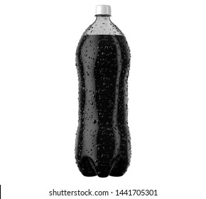 An irregular shaped plastic two liter cola soda bottle with condensation droplets on an isolated white studio background - 3D render