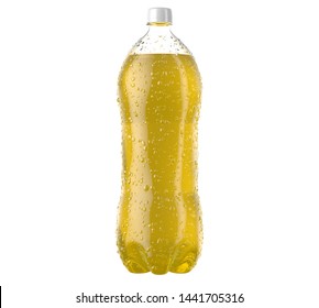 An irregular shaped plastic two liter yellow soda bottle with condensation droplets on an isolated white studio background - 3D render