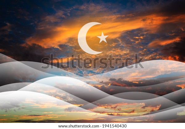 Islam logo on a sky background. Sunset in\
background. Wallpaper on theme of Islam. Background as a metaphor\
for Muslim religion. Belief in Islam. Luminous crescent moon and a\
star in sky. 3D\
rendering