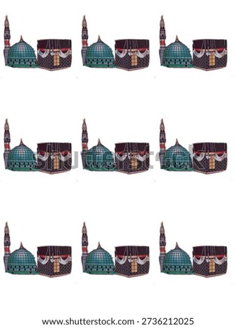 Islamic art pattern with mosque, Kaaba and minaret repeated nine times on white background.