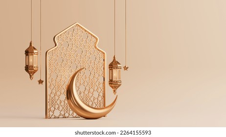 Islamic background with ramadan lantern and crescent moon 3D illustration. Decoration for ramadan kareem, mawlid, iftar, isra miraj, eid al fitr adha and muharram. - Powered by Shutterstock