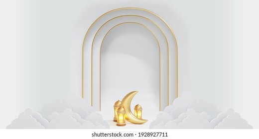 Islamic Banner With Lantern, Moon, And White Background Design 3d Illustration